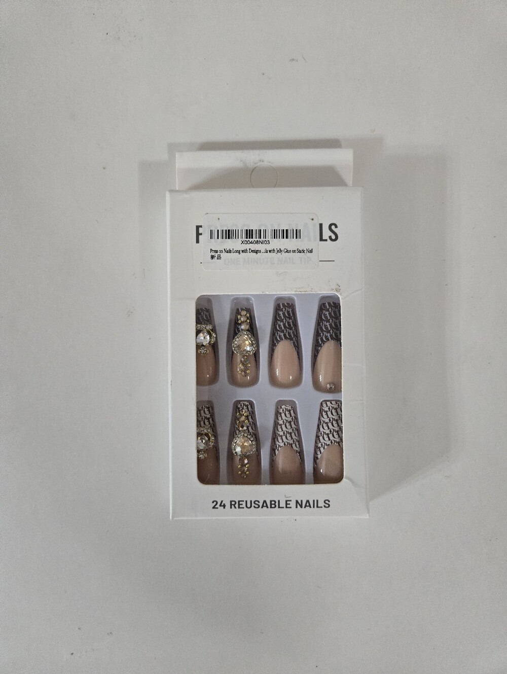 24pc Long Press-On Nails Nude Brown Rhinestone Gem Designer Print Reusable